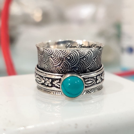 Turquoise Ring-Spinner Ring-Handmade Ring-925 Sterling Silver Ring-Round  Shape Stone Ring-Designer Ring-Gemstone Ring-Meditation Ring