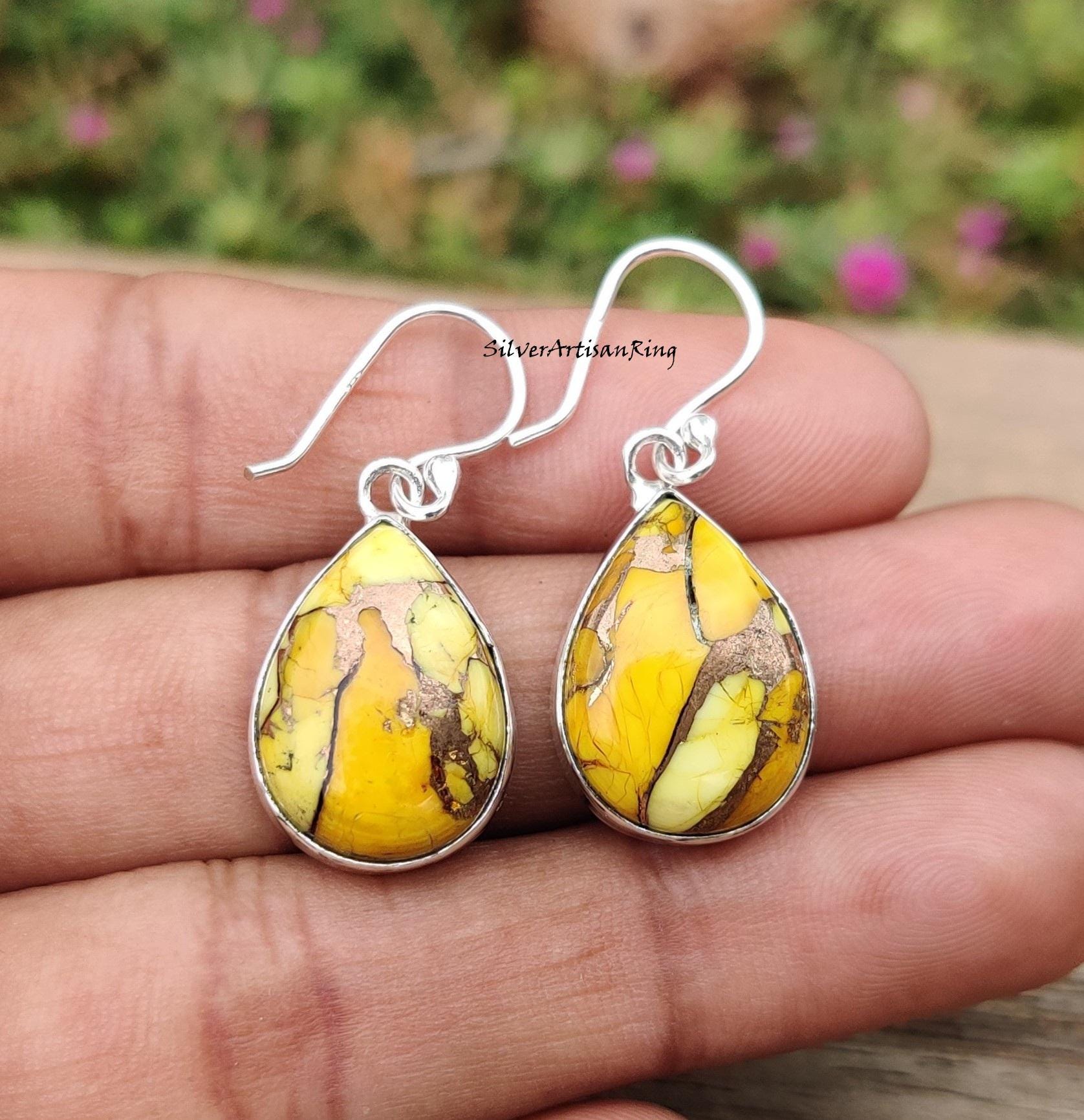 Yellow Honey Dahlia Turquoise Gemstone Earring, Yellow Stone, 925
