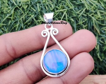 Natural Aurora Opal Fiery Fire Pendant- 925 Sterling Silver Pendant Jewelry- Handmade Round Gemstone Pendant- Party Jewelry- Gift For Her