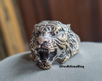 Zilveren tijgerring, tijgerring voor heren, 925 sterling zilveren ring met wilde Aziatische tijger, kattenring voor heren, zilveren tijgersieraden, ring als cadeau voor je man
