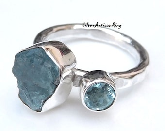 Aquamarine Ring// 925 Sterling Silver Ring//Handmade Ring//Blue Topaz Ring//Gemstone Ring// Raw Stone Ring//Two Stone Ring //Silver Jewelry