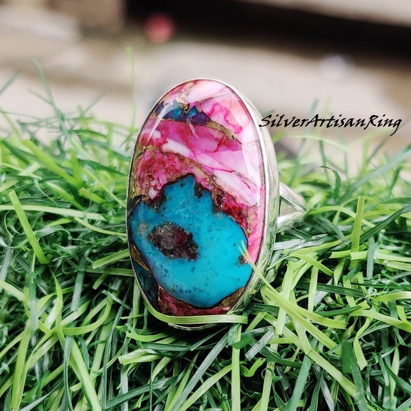 Pink Oyster Turquoise Ring- Multi Colored Turquoise- Natural Pink Spiny Oyster- 925 Sterling Silver Ring- Handmade Ring- Gift for her