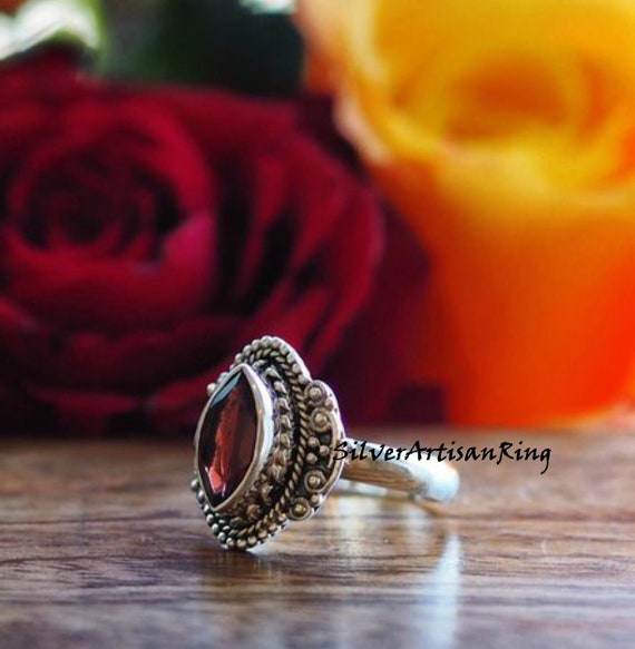 Bague Grenat Ovale En Argent 925 - Pierre Naturelle Rouge - Bijou Fait Main Unisexe - Anniversaire, Amour