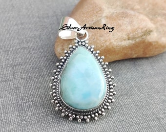 Natural Larimar Pendant<< Gemstone Pendant<< 925 Sterling Silver Pendant<< Designer Pendant<< Neck Pendant<< Boho Pendant<< Gift for Mother