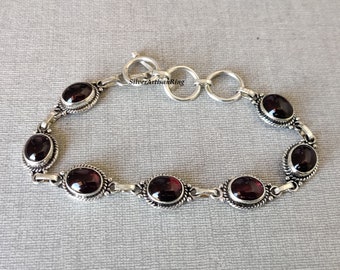 Garnet Bracelet, 925 Sterling Silver, Birthday Bracelet, Faceted Garnet Stone, Silver Jewelry, Unique Oval Stone, Dainty Bracelet