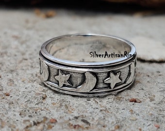 Star & Moon Designe Spinner Ring, 925 Sterling Silver Ring, Handmade Ring, Meditation Ring, Good Look for Girls Finger, Stylish Ring......