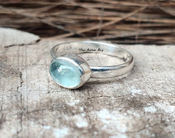 Natural Aquamarine Ring, 925 Sterling Silver Ring, Dainty Ring, Gemstone Ring, Birthday Gift Ring, Boho Ring, Hammered Ring