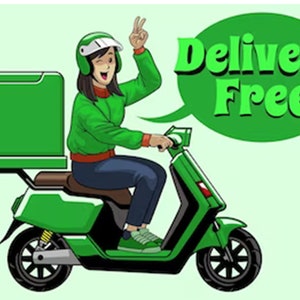 May include: A green delivery scooter with a green delivery box on the back. A person wearing a green jacket and a helmet is driving the scooter. The scooter is driving towards the right side of the image. A speech bubble above the scooter says "Delivery Free".
