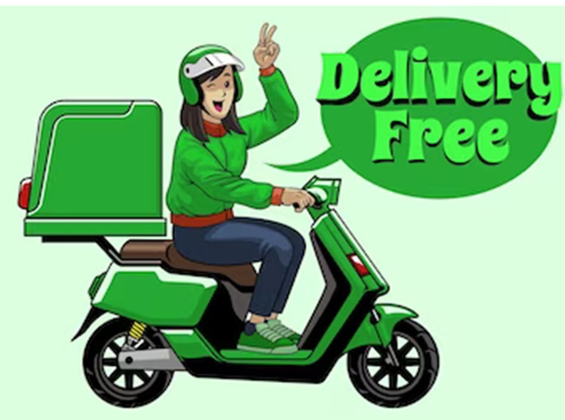 May include: A green delivery scooter with a green delivery box on the back. A person wearing a green jacket and a helmet is driving the scooter. The scooter is driving towards the right side of the image. A speech bubble above the scooter says "Delivery Free".
