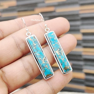Blue Copper Turquoise Earring~ Rectangle Thin Gemstone Earring~ 925 Sterling Silver~ Women Earring~ Handmade Earring~ Gorgeous Earring