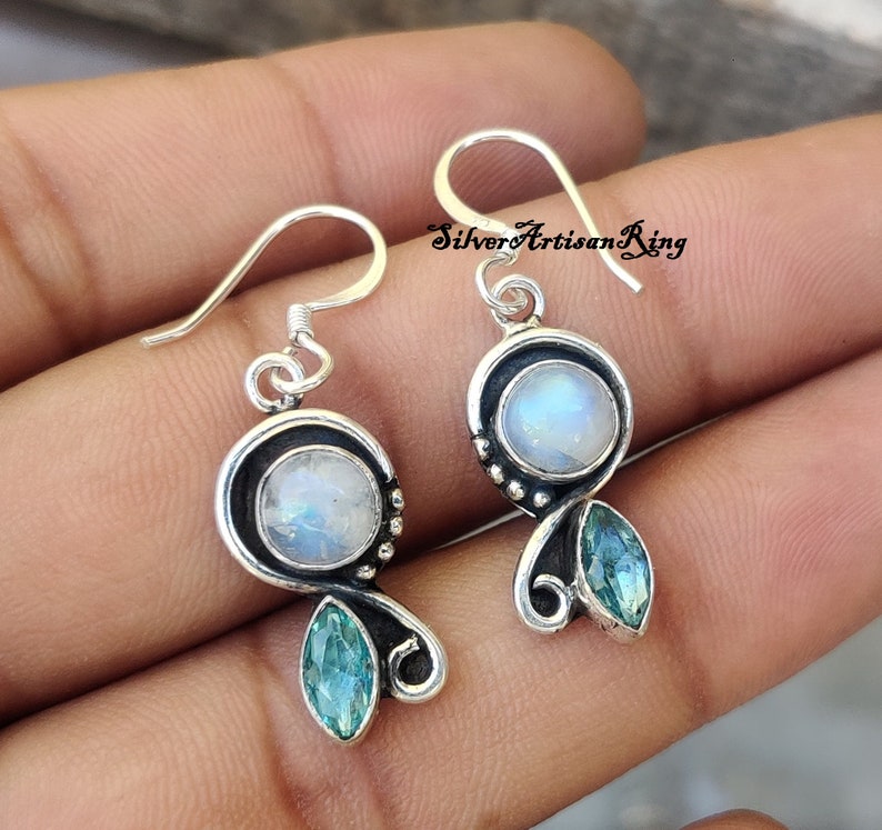Handmade Earring Dangle Earring Woman Earring, Moonstone Earring Blue Topaz Earring Gemstone Earring 925 Sterling Silver Earring
