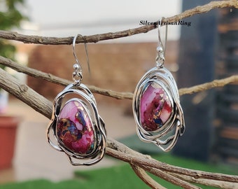 Pink Oyster Turquoise Earring for Women, Handmade Earring, Silver Jewelry, Unique Design Earring, 925 Sterling Silver, Birthday Gift