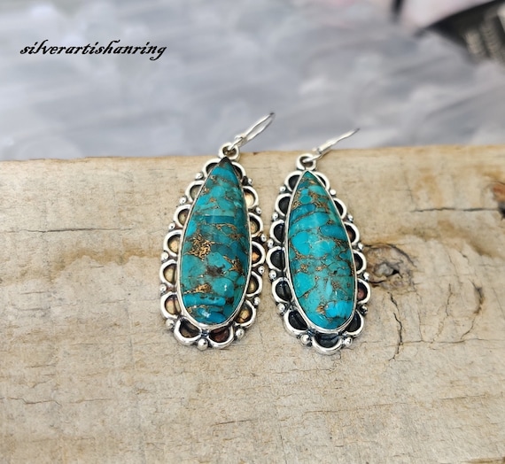 Copper Turquoise Earring 925 Sterling Silver Earring Dangle
