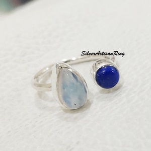 Natural Moonstone Ring, 925 Sterling Silver Ring, Handmade Ring, Designer Ring, Lapis Lazuli Ring, Band Ring, Two stone Ring