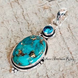 Blue Copper Turquoise Pendant/ Beautiful Pendant/ 925 Silver Pendant/ Designer Pendant/ Neck Pendant/ Blue Topaz Pendant/ Gift item