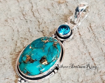 Blue Copper Turquoise Pendant/ Beautiful Pendant/ 925 Silver Pendant/ Designer Pendant/ Neck Pendant/ Blue Topaz Pendant/ Gift item