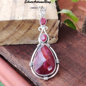 Ruby Pendant~ 925 Sterling Silver Pendant~ Three Ruby Gemstone Pendant~ Handmade Pendant~ Stylish Pendant~ Beautiful Stone Color~ Gift item