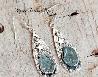 Aquamarine Earring , 925 Sterling Silver Earring ,Gemstone Earring , Raw Stone Earring ,Dangle Earring ,Star Designer Earring, Gift for her