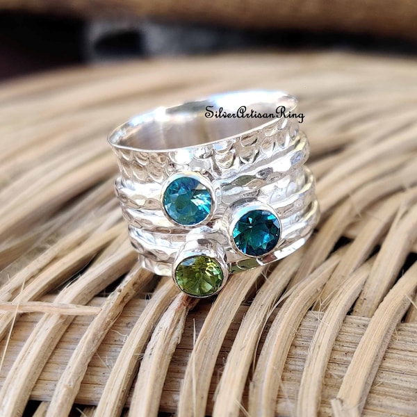 Peridot Ring-Spinner Ring-Handmade Ring-925 Sterling Silver Ring- Designer Ring- Gemstone Ring-Blue Topaz Ring- Meditation Ring-Worry Ring-