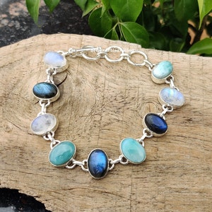 Blue Labradorite Bracelet~ Natural Gemstone~ 925 Sterling Silver~ Larimar & Moonstone~ Women Bracelet~ Birthday Gift~ Handmade Bracelet