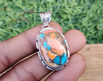 Natural Oyster Copper Turquoise Pendant~ 925 Sterling Silver Pendant~ Handmade Multi Gemstone Pendant~ Oval Pendant~ Gift For Mom