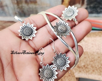Sun Flower Jewelry Set * 925 Sterling Silver * Handmade Set * Sun Flower Earring * Women Jewelry* Sun Flower Ring * Sun Flower Bangle