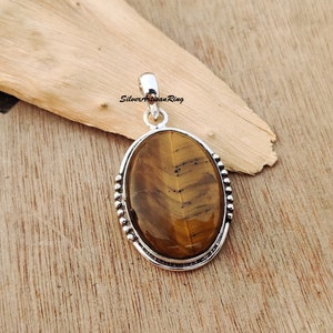 Tiger&#39;s Eye Pendant, 925 Sterling Silver, Boho Pendant, Handmade Pendant for Gift, Oval Tiger&#39;s Eye Pendant, Gift for Birthday