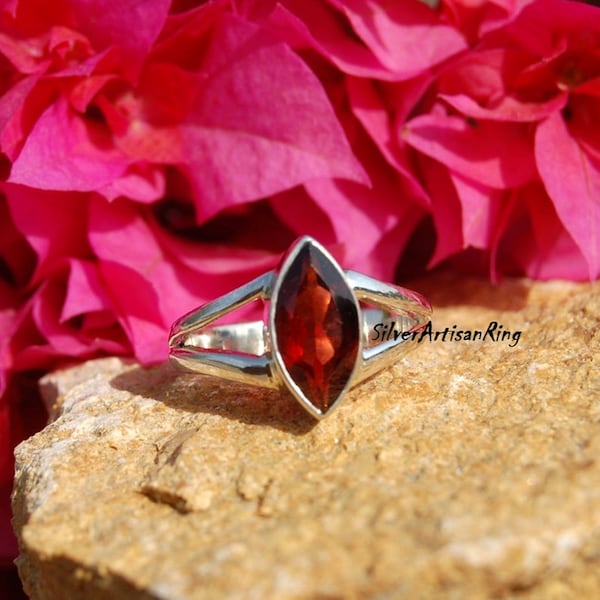 Garnet Ring, 925 Stering Silver Ring, Handmade Ring, Gift For Wife, Handmade Ring, Garnet Jewelry, Band Ring, Marquise Stone Shape Ring