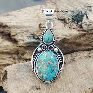 Blue Copper Turquoise Pendant/ Two Gemstone Pendant/ 925 Silver Pendant/ Copper Pendant/ Neck Pendant/ Dainty Pendant/ Latest Pendant