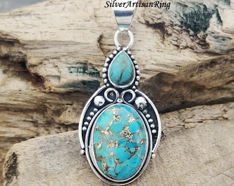 Blue Copper Turquoise Pendant/ Two Gemstone Pendant/ 925 Silver Pendant/ Copper Pendant/ Neck Pendant/ Dainty Pendant/ Latest Pendant