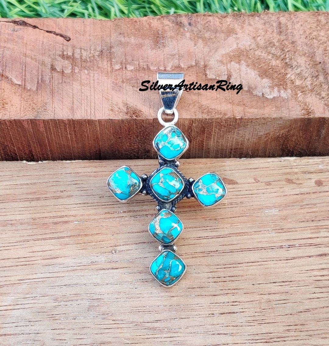 ターコイズ Turquoise CRUZ ピアス★Luxdivine #1029 Zuni Cross Pendant 925 Silver SB Turquoise Artist Signed B