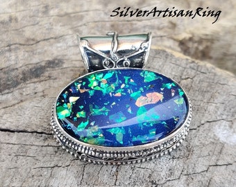 Australian Double Opal Pendant - Blue Fire Stone- Oval Long Pendant- 925 Sterling Silver Pendant- Handmade Pendant- Amazing Stone Color