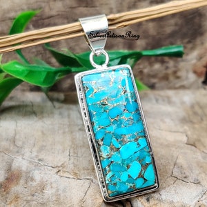 Blue Copper Turquoise Pendant/ Beautiful Pendant/ 925 Silver Pendant/ Rectangle Stone Shape Pendant/ Neck Pendant/ Dainty Pendant