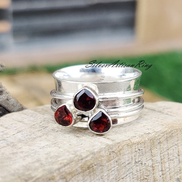 Garnet Ring* Spinner Ring* 925 Sterling Silver Ring* Handmade Ring* Meditation Ring* Amazing Pear Stone Color* Silver Jewelry* Stylish Ring