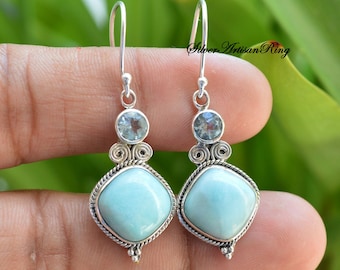 Larimar Earring, 925 Sterling Silver Earring, Gemstone Earring, Blue Topaz Earring, Handmade Earring, Lovely Earring, Dangle Earring,**