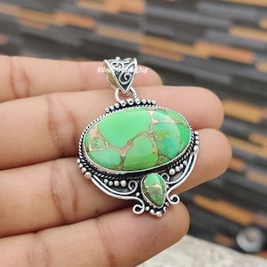 Natural Green Copper Turquoise Pendant~ 925 Sterling Silver~ Hand Crafted Boho Pendant~ Stylish Pendant~ Beautiful Girls Neck Pendant