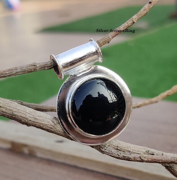 Pendentif En Argent Sterling 925 Avec Onyx Vert - Fait Main, Naturel, Fermoir Crochet
