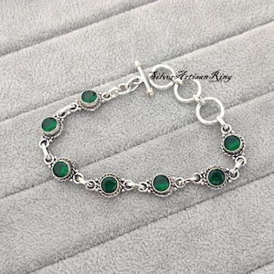Emerald Bracelet, 925 Sterling Silver, Green Stone Bracelet, Girls Bracelet, Designer Bracelet, Round Gemstone Jewelry Gift