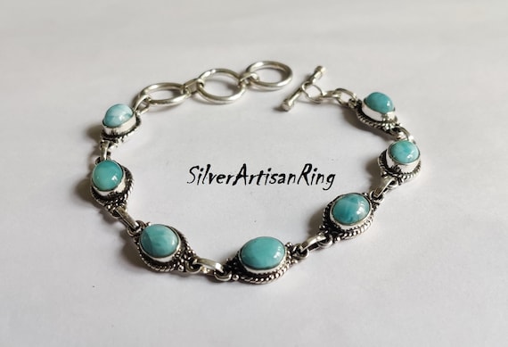 Bracelet En Argent 925 Avec Larimar Naturel – Fait Main – Bijou Cadeau Pour Noël Ou Événement Spécial