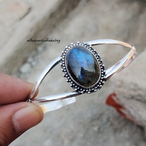 Natural Labradorite Bangle, 925 Silver Bangle, Blue Flash ,Gemstone Bangle,Adjustable Bangle, Amezing Bangle, Boho Bangle, Silver Jewelry