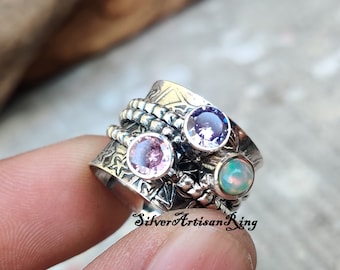 Rose Quartz Ring ,Spinner Ring ,925 Sterling Silver Ring, Amethyst & Opal Ring Meditation Ring,Handmade Ring ,Silver Jewelry ,Beatiful Ring