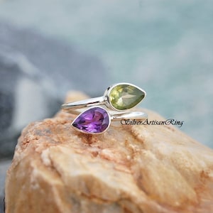 Amethyst & Peridot Ring ,925 Silver Ring , Handmade Ring, Silver Jewelry ,Beatiful Ring ,Adjustable Ring , Two Stone Ring