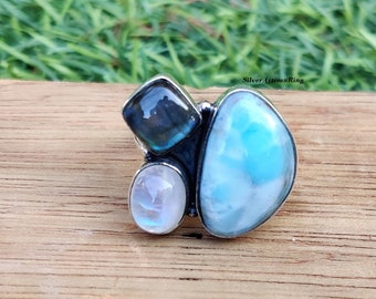 Bague en pierre précieuse Larimar naturelle- Bague merveilleuse- 925 Argent sterling- Bague femme- Bague de charme- Labradorite et Pierre de lune- Livraison gratuite