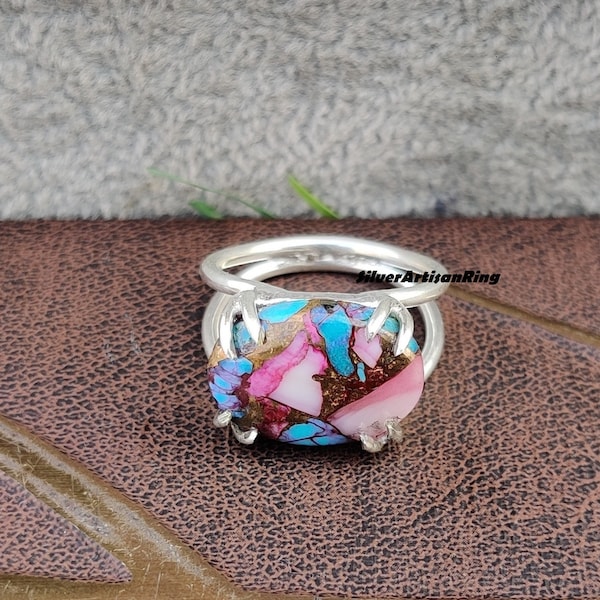 Pink Oyster Turquoise Ring- Multi Colored Turquoise- Natural Pink Spiny Oyster- 925 Sterling Silver Ring- Handmade Ring- Gift for her