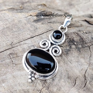 Black Onyx Pendant, Oval Stone Shape Pendant, 925 Silver Pendant, Woman Pendant, Handmade Pendant, Two Stone Pendant, Gift for love