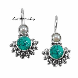Turquoise Earring, 925 Sterling Silver Earring, Gemstone Earring, Handmade Earring, Dangle Earring, Woman Earring, Pearl Earring