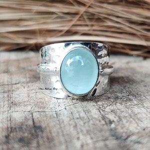 Natuurlijke aquamarijn ring, bandring, 925 sterling zilveren ring, edelsteenring, mooie ring, populaire ring, ovale hertensteenring ***