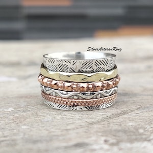 Solid 925 Sterling Silver Hammered Band Spinner Ring For Women | Handmade Four Tone Fidget Anxiety Ring | Meditation Ring | Gift for her