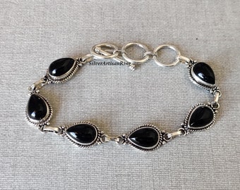 Black Onyx Bracelet ~ 925 Sterling Silver ~ Adjustable Bracelet ~ Pear Stone Shape ~ Handmade Jewelry ~ Designer Bracelet ~ Gift item