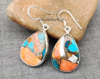 Oyster Copper Turquoise Earring, 925 Sterling Silver ,Boho Earring, Dangle Earring,Bridesmaid Gift, Multi Color Stone Earring, Free Shipping